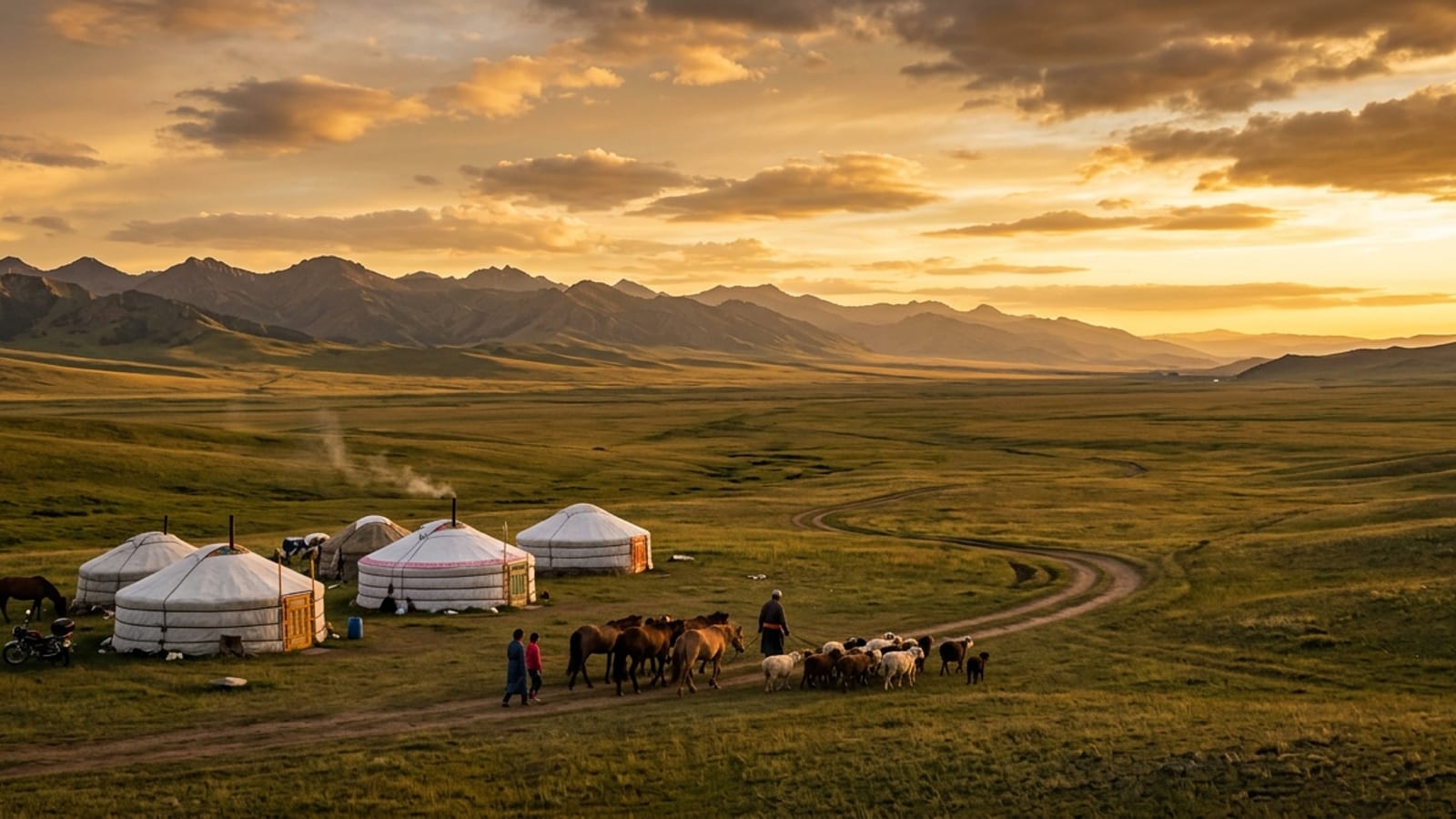 Mongolian steppe at golden hour with ger tents
